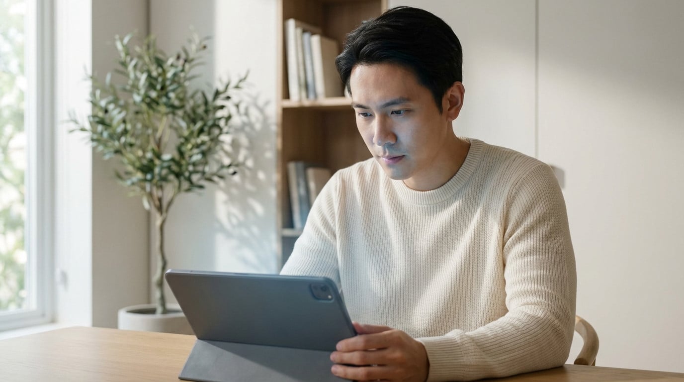 A man in a light sweater thoughtfully interacts with a tablet in a modern home office, screen glow illuminating his face.
