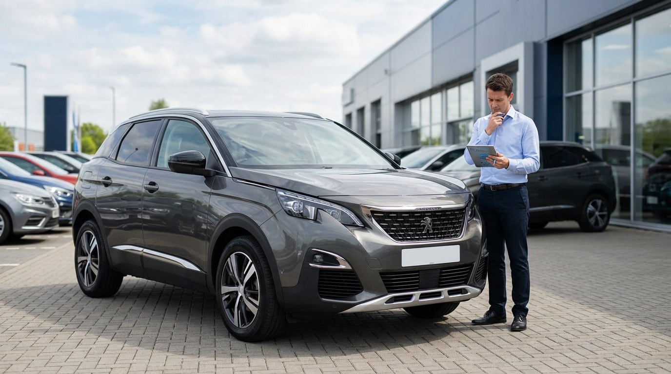 Man carefully examines a dark grey Peugeot 3008 SUV with a tablet at an outdoor car lot, considering his purchase.