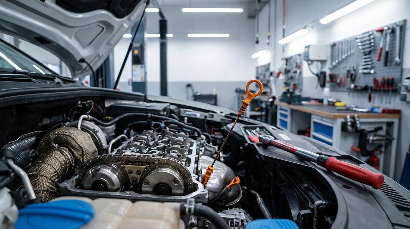 A detailed, well-lit car engine bay with a metallic timing chain, turbocharger, and an oil dipstick pulled out, in a professional garage.