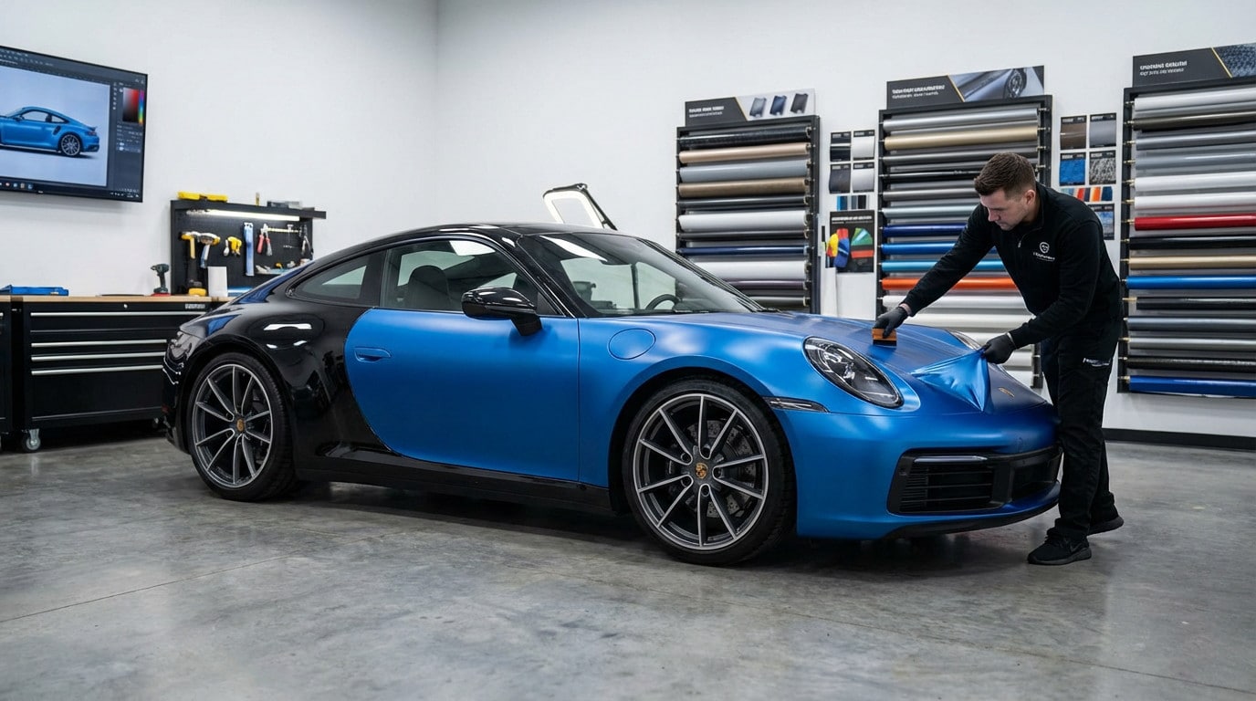 Technician applies matte blue vinyl wrap to a black sports car in a brightly lit studio, with vinyl rolls in the background.