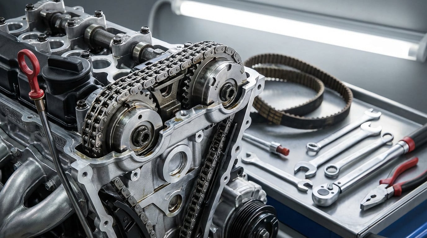 Gleaming car engine timing chain system in sharp focus, with clean tools and a soft-focus timing belt in a workshop setting.