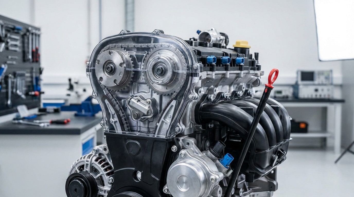 Detailed view of a modern car engine's timing chain mechanism through a transparent cover in a bright, professional workshop.
