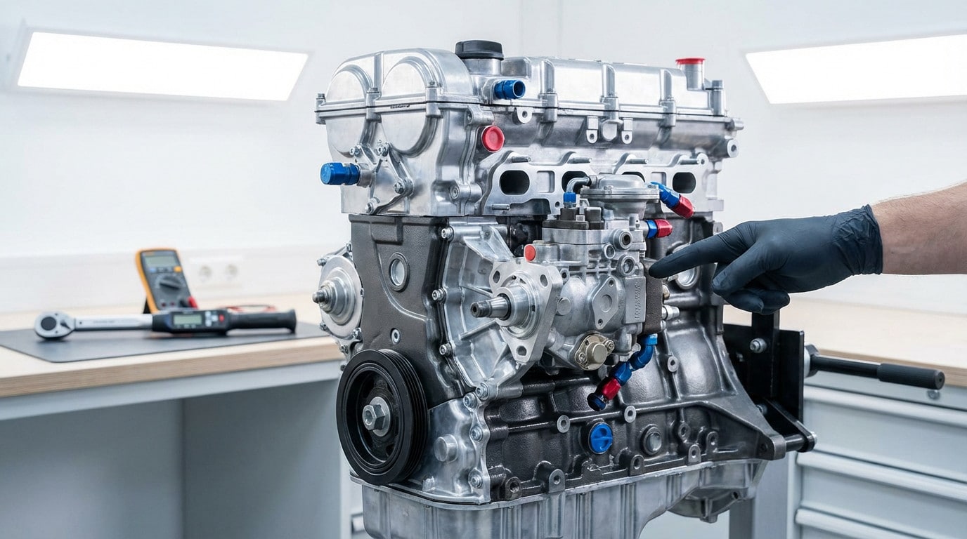 Close-up of a gloved hand pointing at a precise component on a clean, modern diesel engine block in a professional workshop setting.