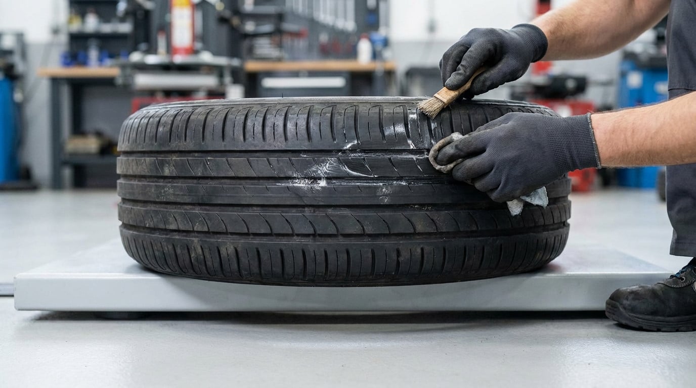 Close-up of gloved hands cleaning a car tire's tread with a brush and cloth, removing white residue in a brightly lit workshop.