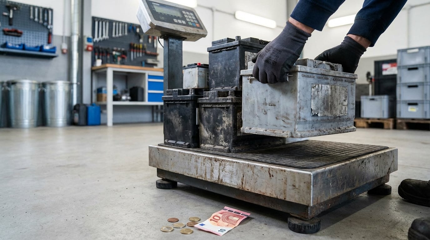 Mãos enluvadas colocam uma bateria de carro usada em uma balança industrial com outras, dinheiro Euro por perto.