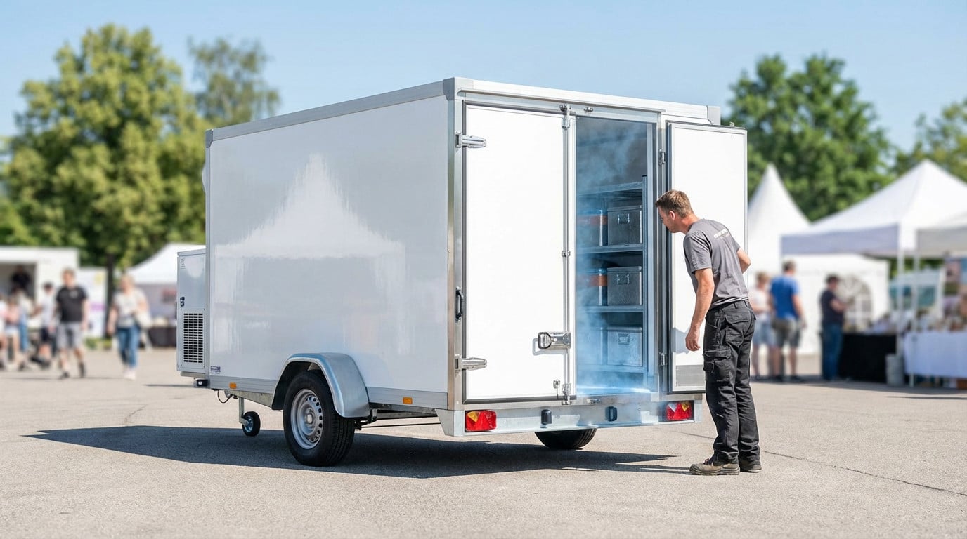 Man inspecting a white refrigerated trailer with an open, frosty door at an outdoor event with blurred tents and people.
