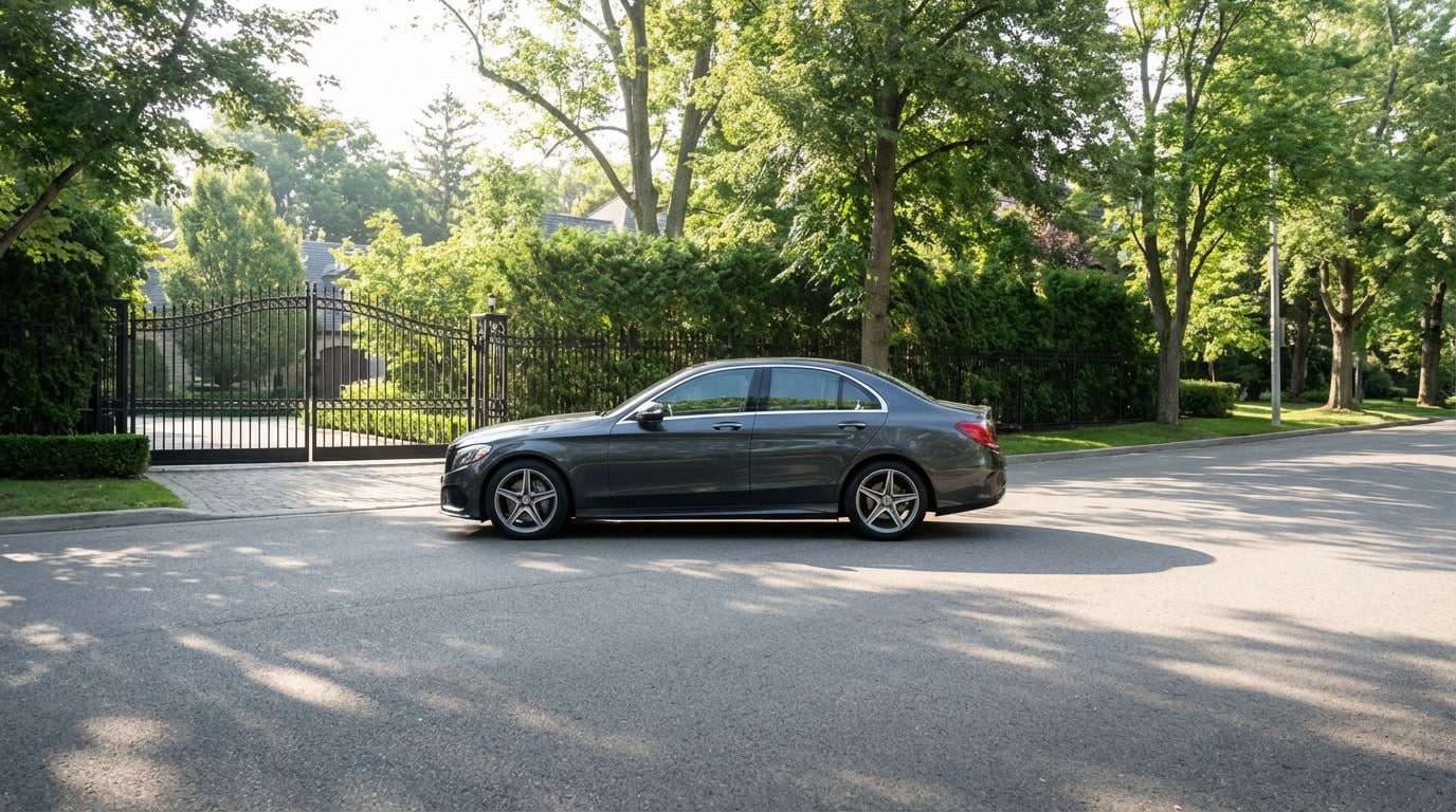 A dark grey sedan obstructs an elegant black wrought-iron gate to a private residence on a sunlit street.