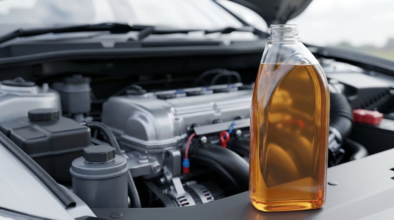 Unbranded amber engine oil bottle, sharply focused, against a blurred modern car engine bay with metallic parts and colored wiring.