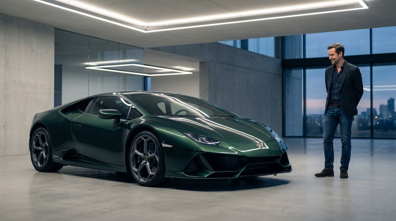 Sleek, metallic deep green sports car parked in a modern, well-lit showroom. A man in smart casual attire admires it.