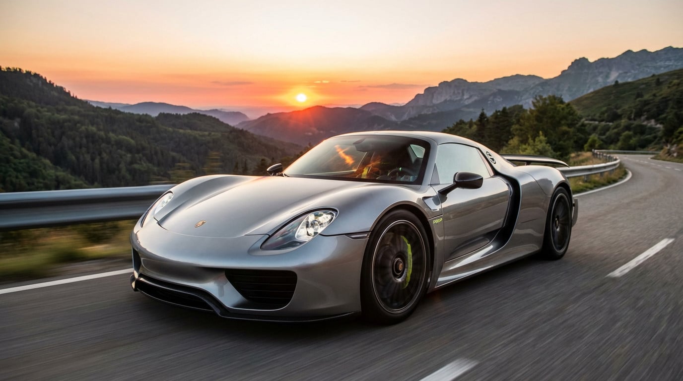 Metallic silver Porsche 918 Spyder (Weissach package) on a winding mountain road at golden hour, blurred landscape, acid green calipers.