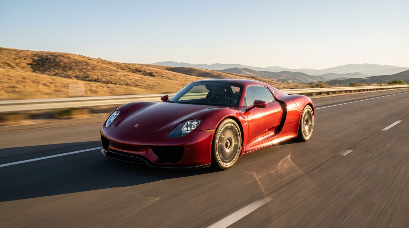 A sleek, metallic red sports car speeds dynamically down a wide highway at sunset, motion blur emphasizing its high velocity.
