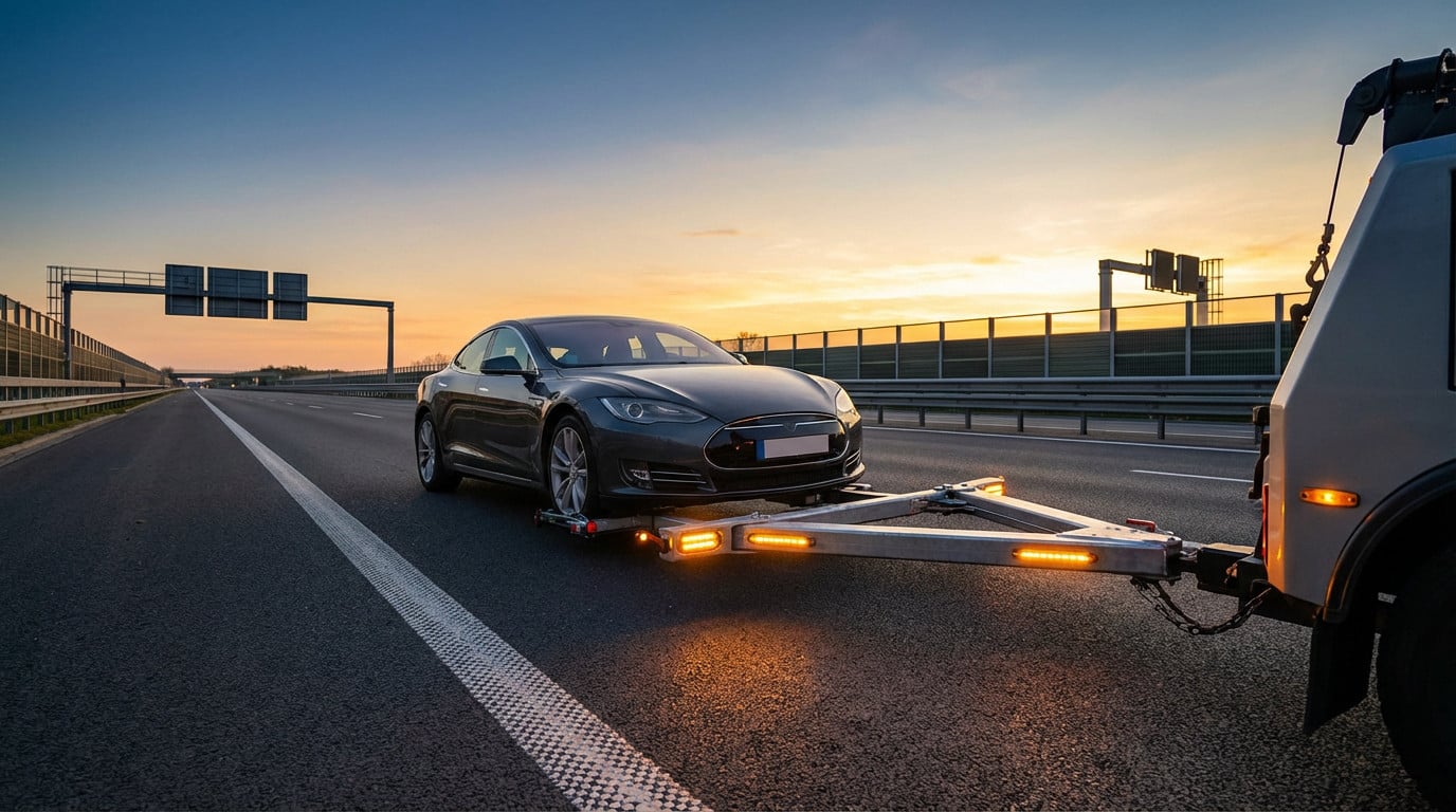 A modern dark grey sedan is securely towed on a wide highway at golden hour, featuring a silver towing triangle with LED lights.