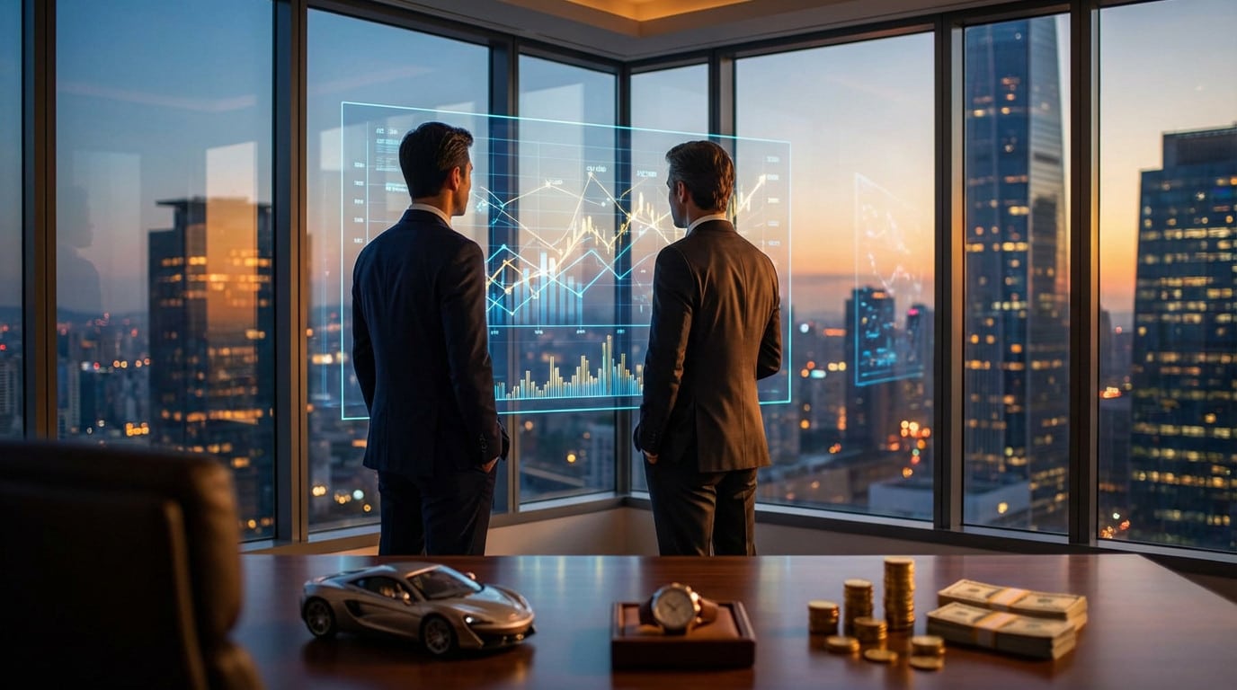 Two men in suits analyze holographic financial data in a modern office overlooking a city at dusk. Luxury items on a desk.