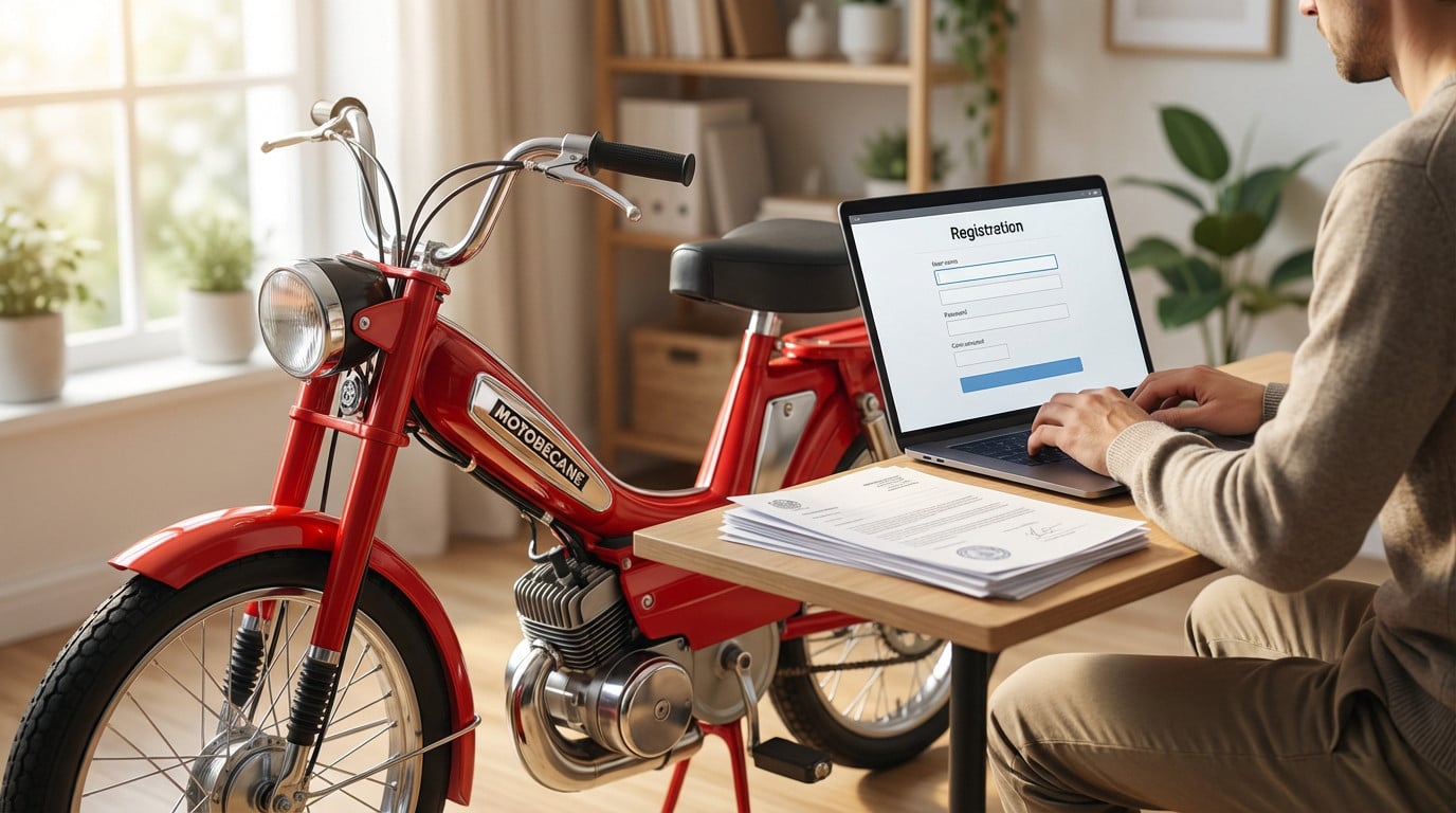 Red Motobécane moped in a bright home office next to a person registering online on a laptop with papers on the desk.