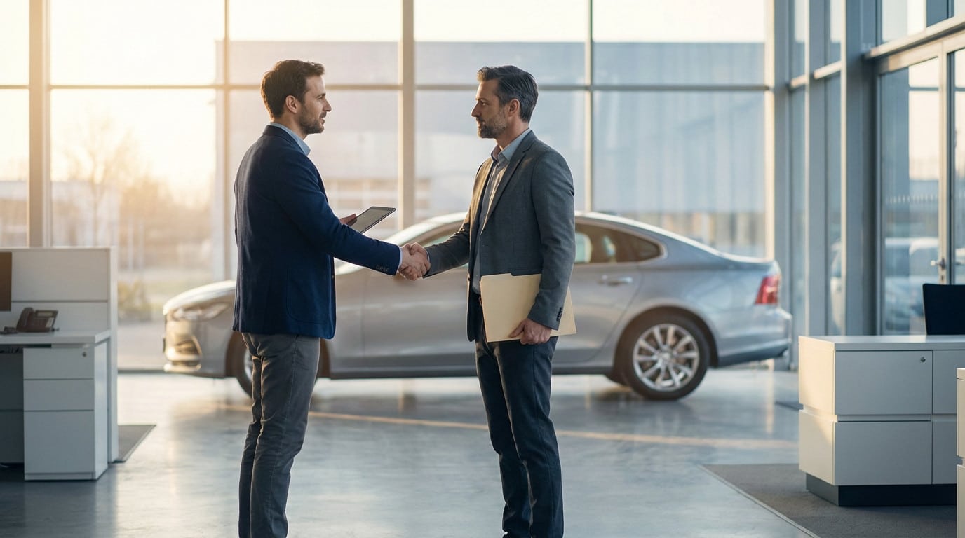 Two men, one holding a tablet and the other a folder, shake hands in a modern, sunlit car showroom with a blurred silver car in the background.