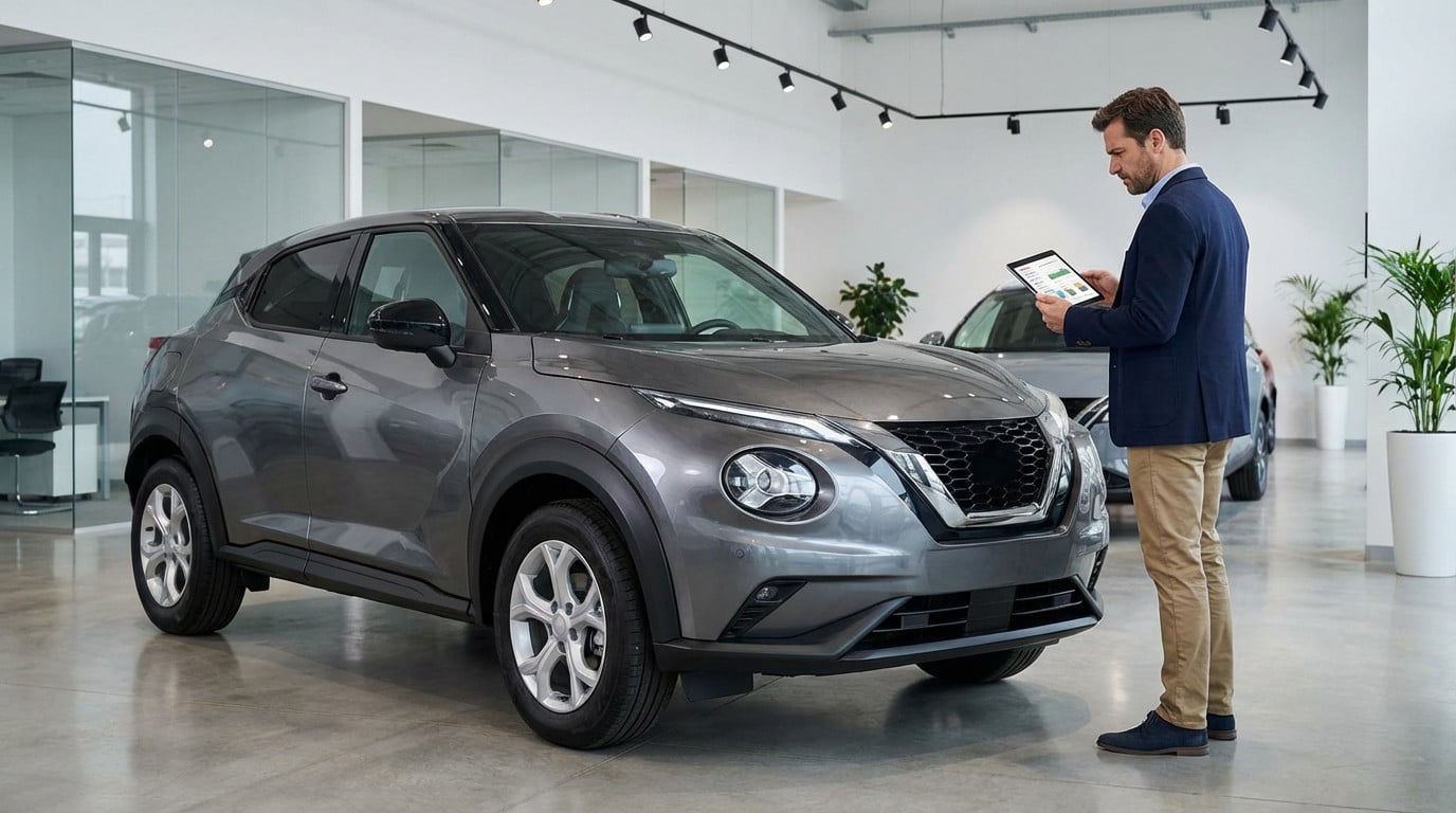 A man thoughtfully examines a grey compact SUV in a bright showroom, holding a tablet with research data, considering a purchase.