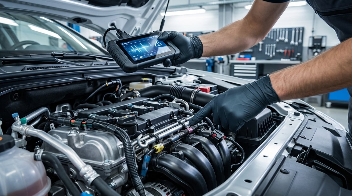 Close-up of mechanic's gloved hands using a diagnostic scanner to inspect a modern car engine in a well-lit workshop.