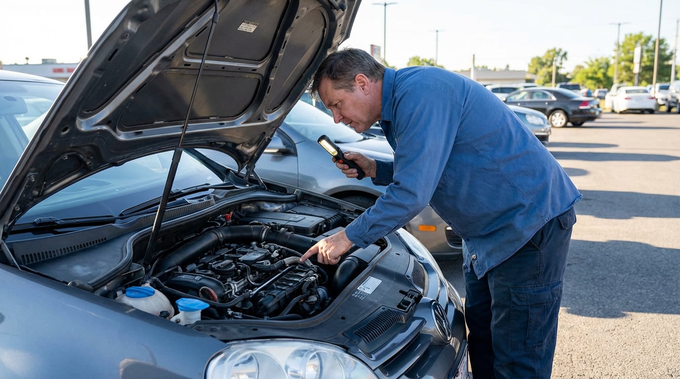 Man in blue shirt meticulously inspects the engine of a dark grey hatchback with a flashlight at a bright outdoor car lot.
