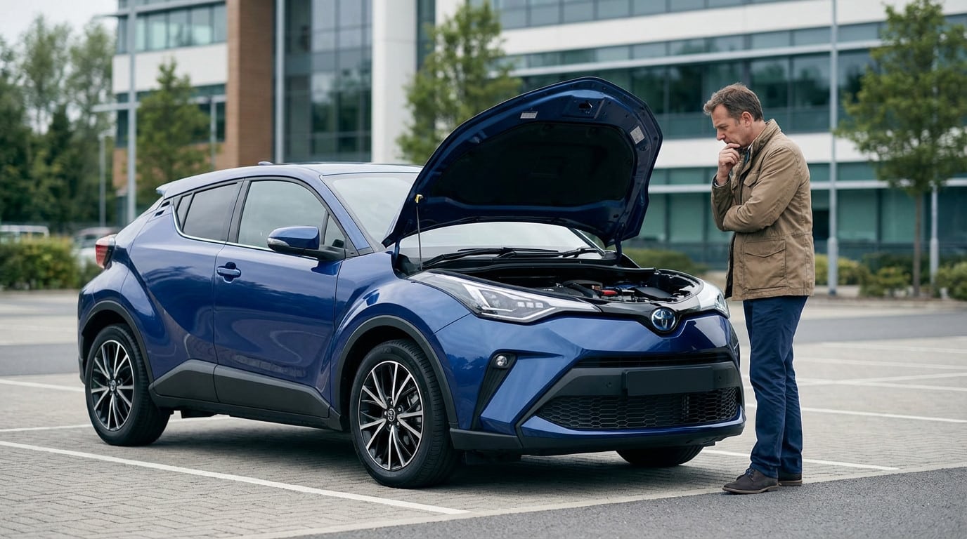 A man thoughtfully inspects the open engine bay of a blue Toyota C-HR in a paved lot, conveying careful evaluation.