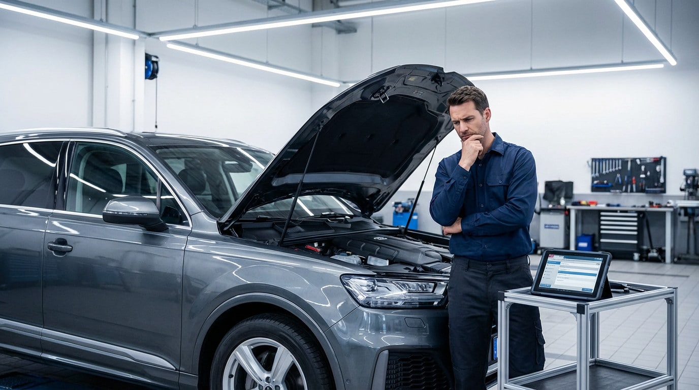 Professional technician in a blue shirt examines a modern grey SUV's engine with a diagnostic tablet in a well-lit garage.