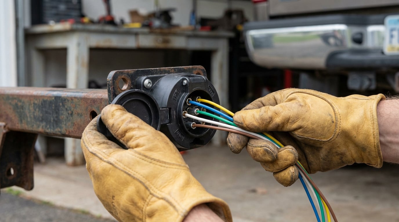 Gloved hands precisely connect distinctively colored wires of an electrical harness into a 7-pin trailer socket on a hitch receiver.