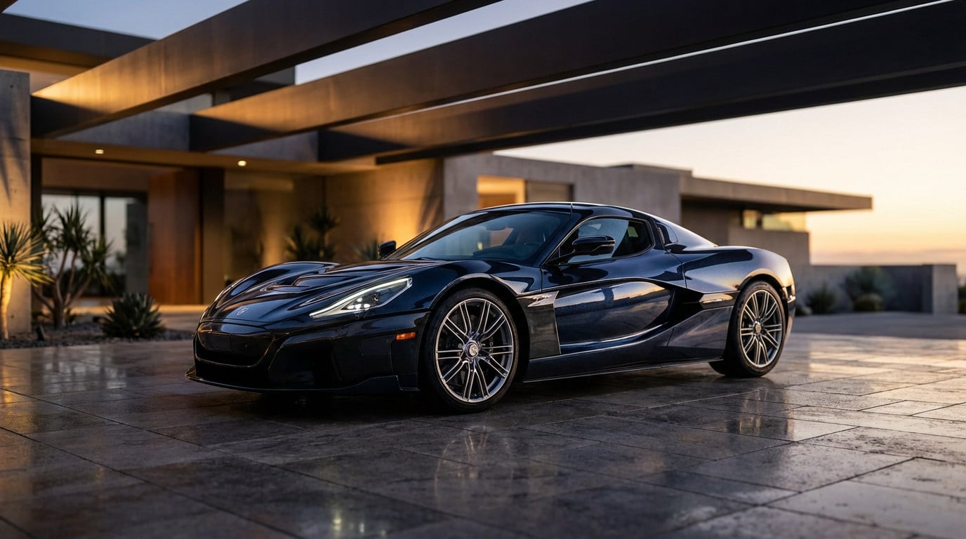 A sleek, dark metallic hypercar parked on a polished stone driveway at twilight, reflecting warm light from a modern architectural estate.