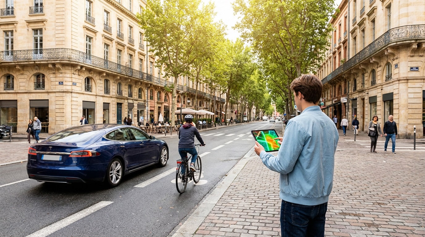 Young person on a French street uses a tablet with a colorful map, while an electric car and cyclist pass by classic buildings.