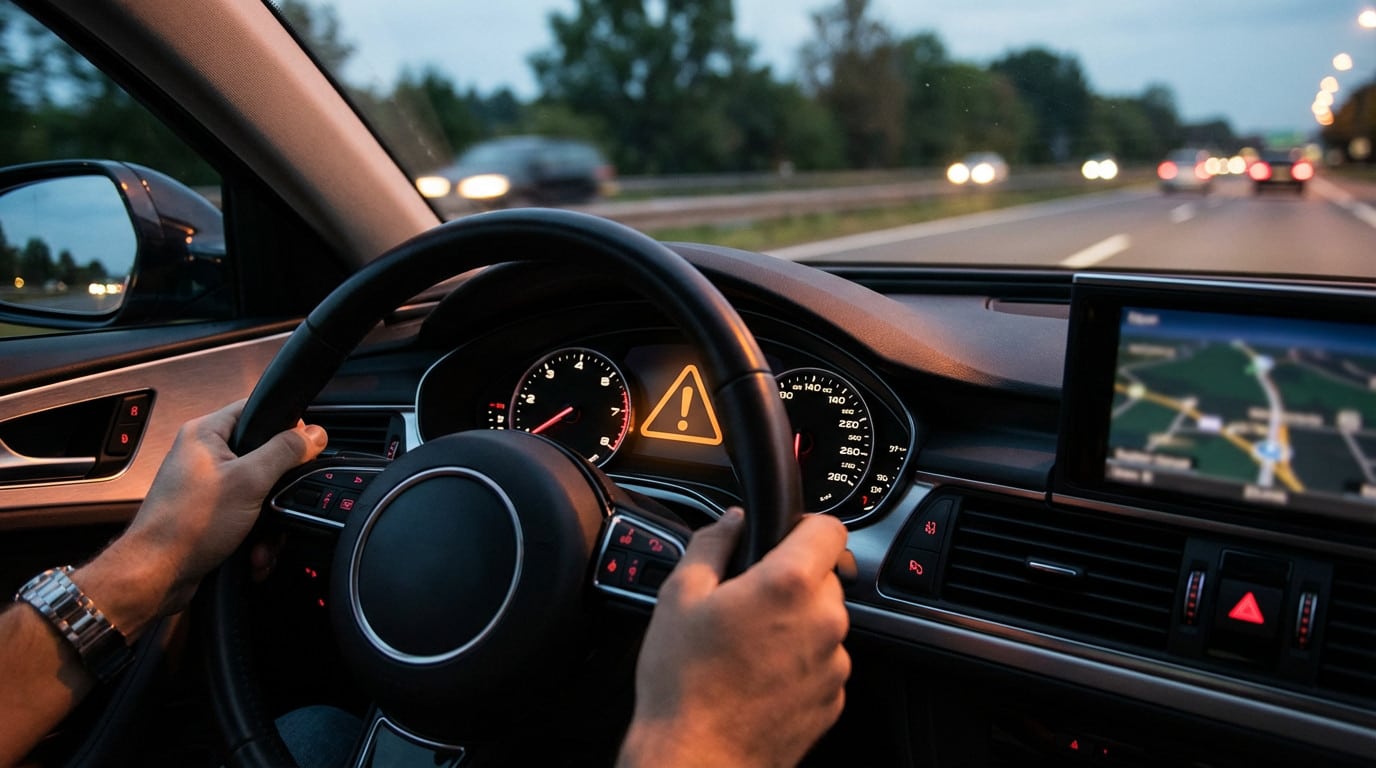 A driver's hands on a steering wheel at dusk, with an orange exclamation mark warning light glowing brightly on the car's instrument cluster. A blurred road is visible through the windshield.