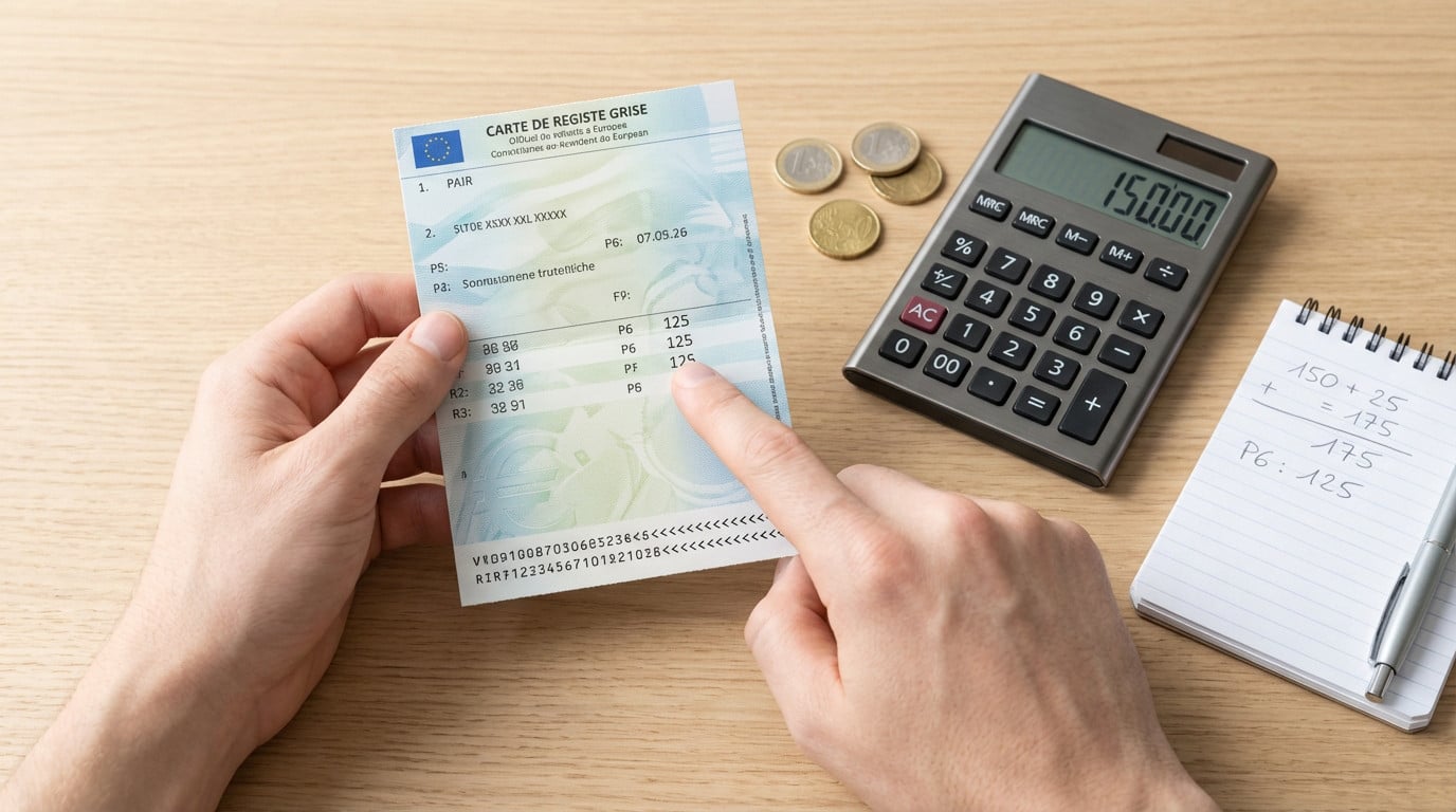 Hands holding a car registration document, pointing to P6. Calculator, notepad with calculations, pen, euro coins on desk.