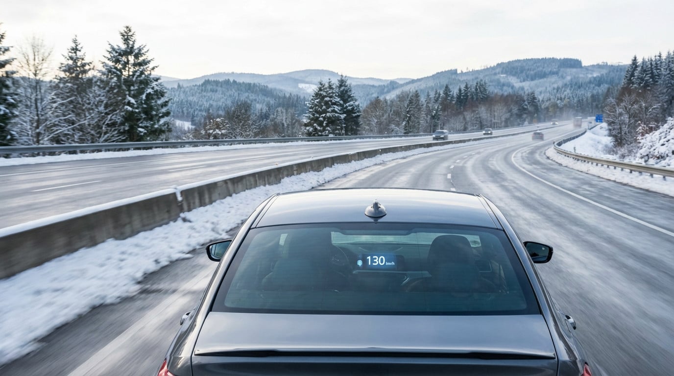 A dark grey sedan drives 130 km/h on a wet winter highway with snow-dusted shoulders, under an overcast sky with snowy mountains.