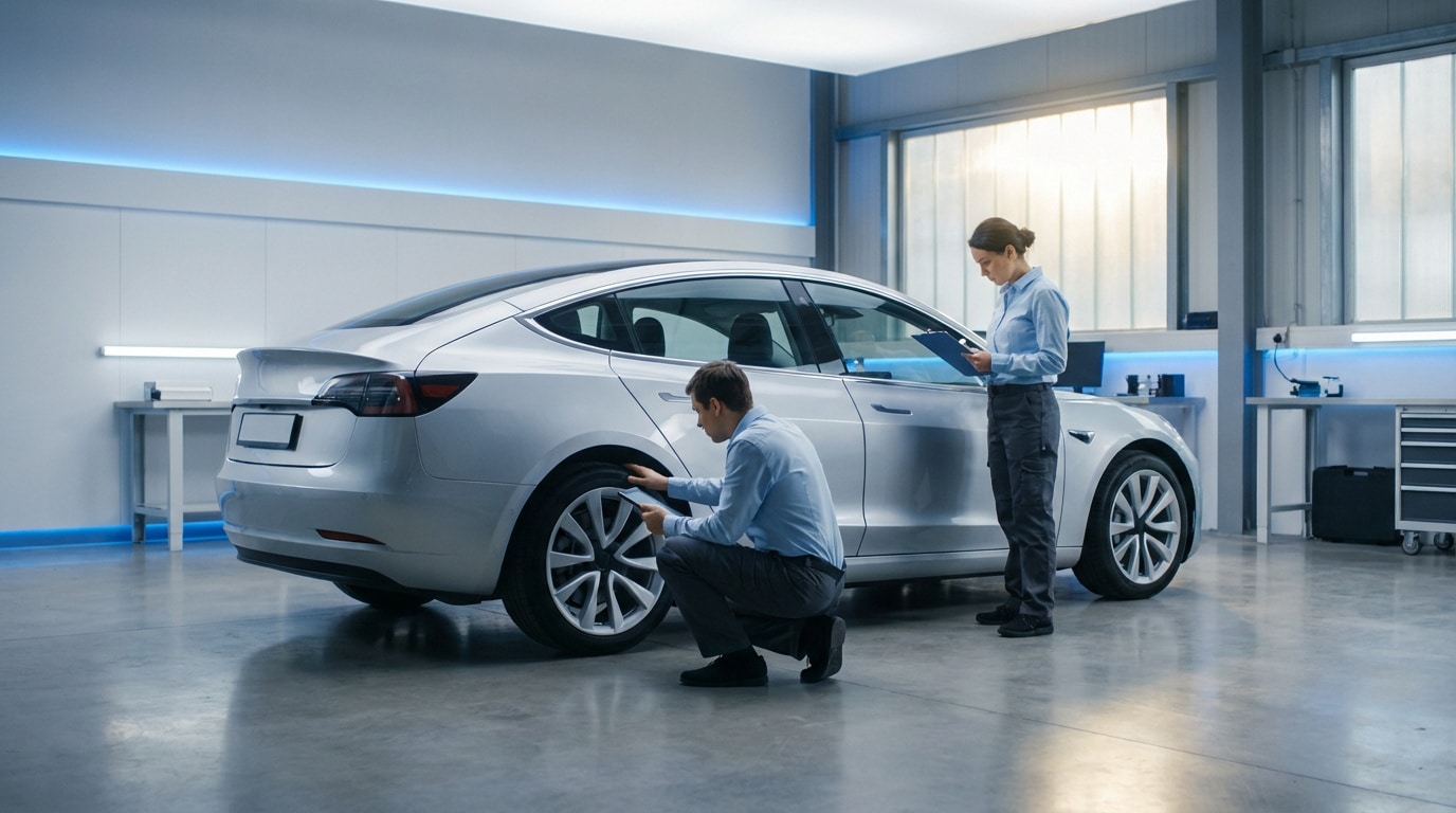 Deux experts évaluent une voiture argentée dans un garage moderne. L'un examine le pneu avec une tablette, l'autre prend des notes.