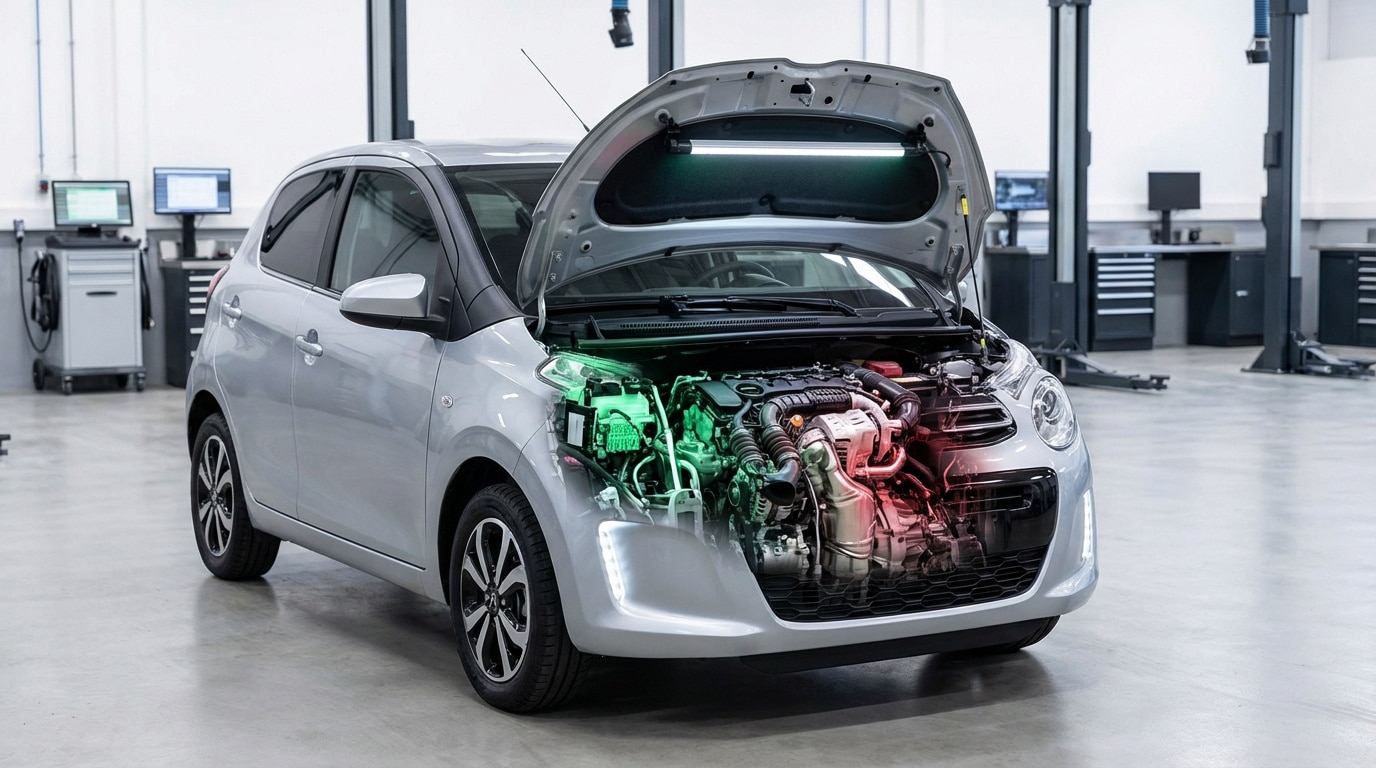 Citroën C1 argentée capot ouvert, moteur mis en évidence avec zones verte et rouge, dans un atelier de réparation.