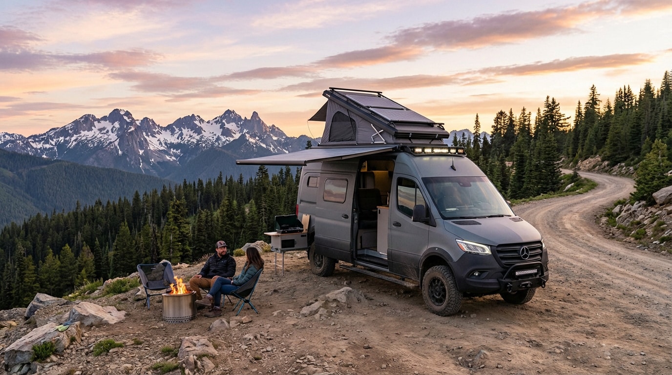Un couple profite d'un feu de camp avec un van aménagé Mercedes Sprinter, face à des montagnes enneigées au coucher du soleil.