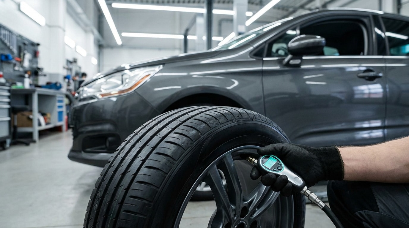 Main gantée vérifiant la pression d'un pneu de voiture grise (Citroën C4) avec un manomètre numérique dans un atelier automobile.