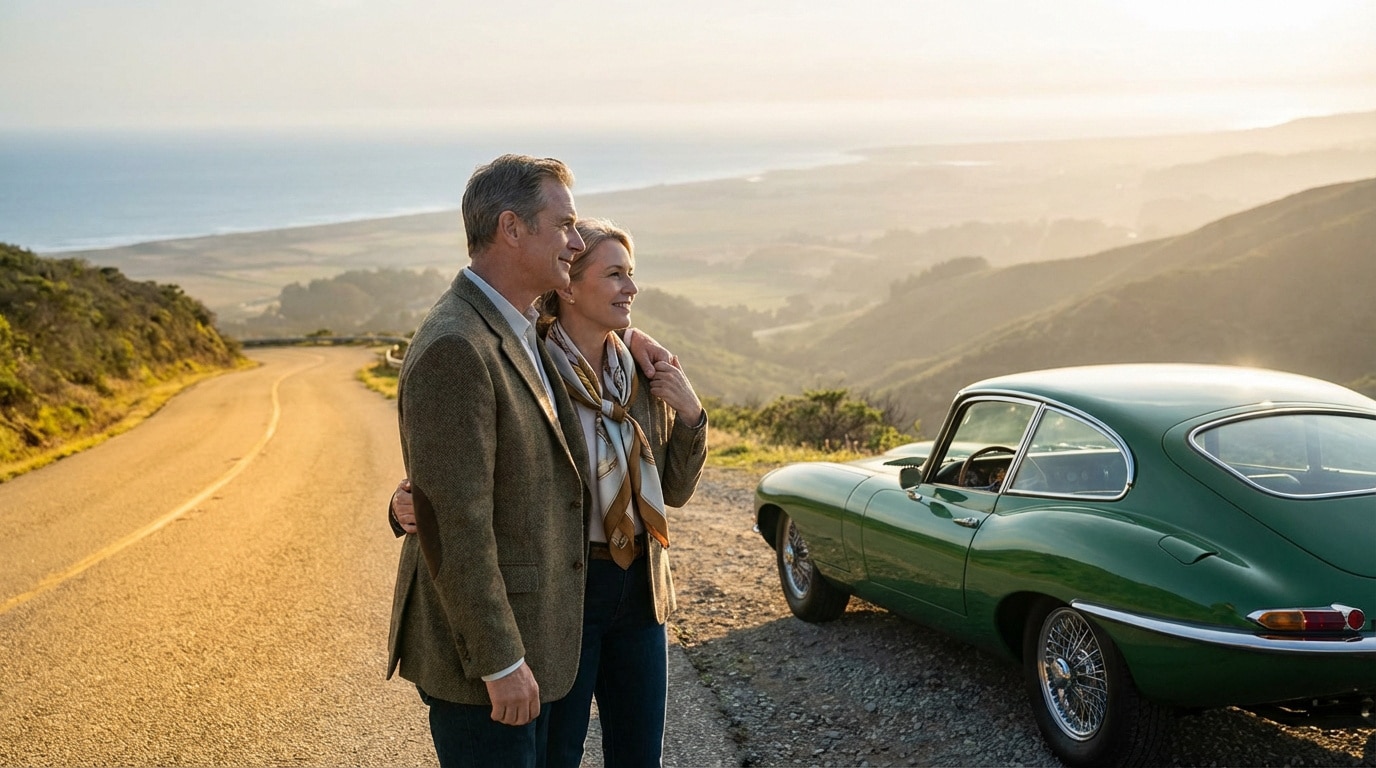 Couple mature contemplant un vaste paysage marin et montagneux, près d'une voiture de sport verte vintage sur une route ensoleillée.