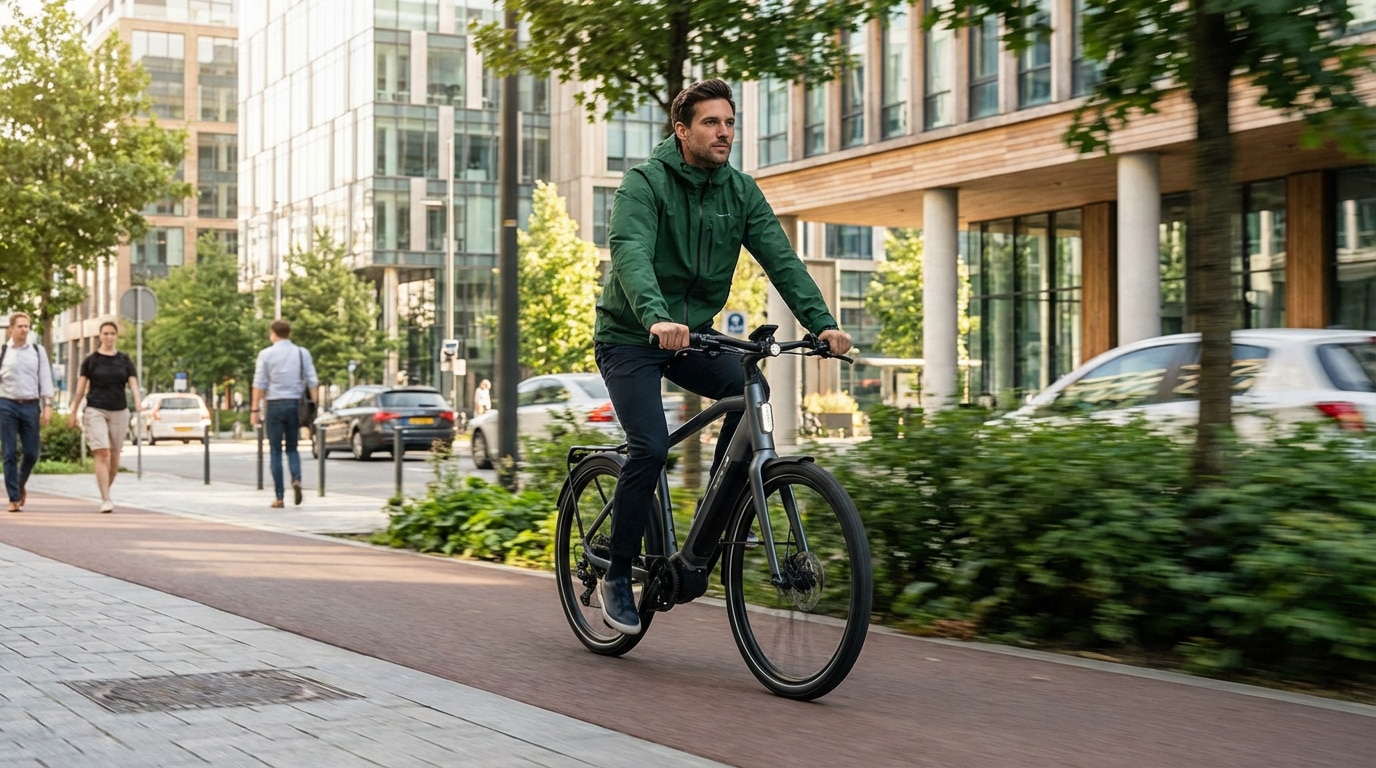 Homme en veste verte sur un vélo électrique gris, circulant sur une piste cyclable moderne en milieu urbain. Mobilité durable.