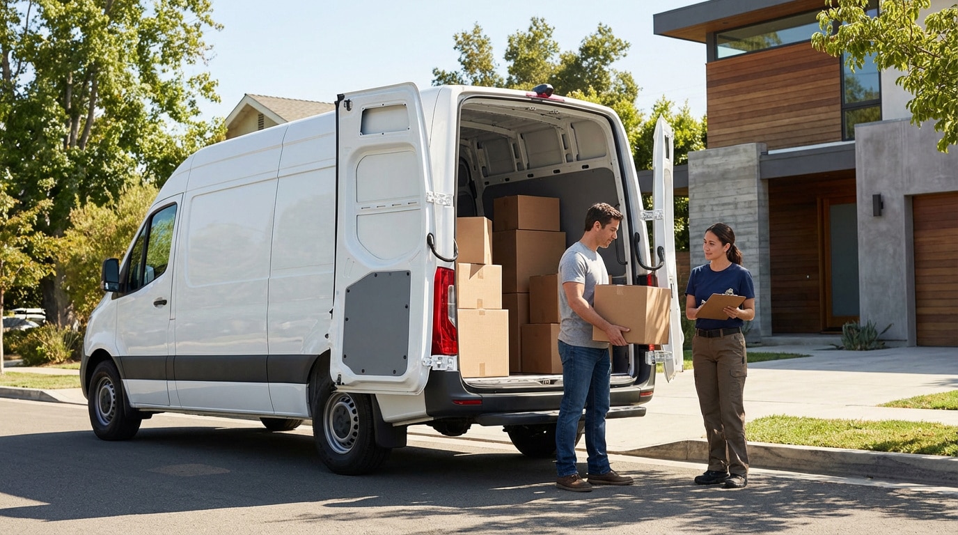 Un homme charge un carton dans un utilitaire blanc loué, tandis qu'une agente avec un presse-papiers l'assiste devant une maison moderne.