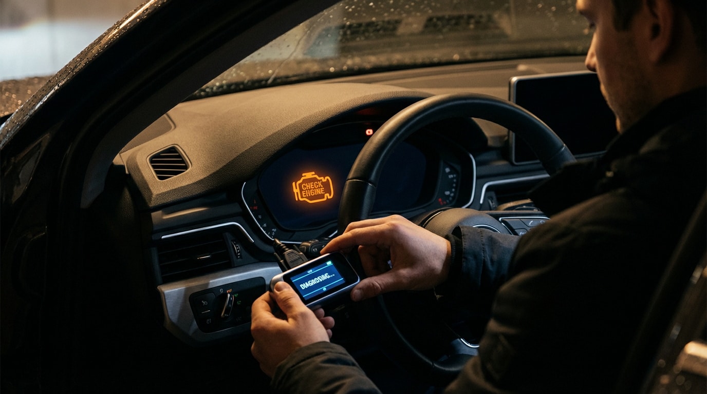 Un homme diagnostique un voyant moteur orange "Check Engine" sur le tableau de bord d'une voiture avec un scanner OBD-II affichant "DIAGNOSING...".