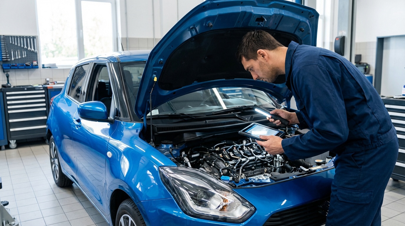 Un mécanicien en combinaison bleue examine le moteur ouvert d'une voiture bleue à l'aide d'une lampe torche et d'une tablette de diagnostic.