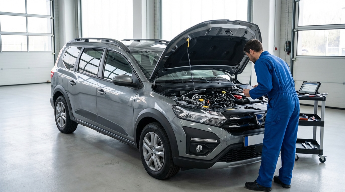 Un mécanicien en bleu examine le moteur d'une Dacia Jogger grise dans un garage, utilisant une tablette.