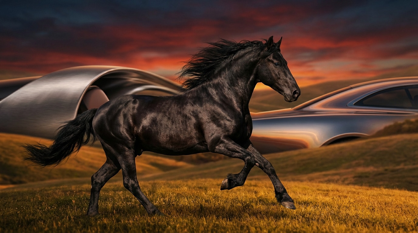 Cheval noir galopant dans un champ doré au coucher du soleil, avec des formes automobiles métalliques stylisées en arrière-plan.