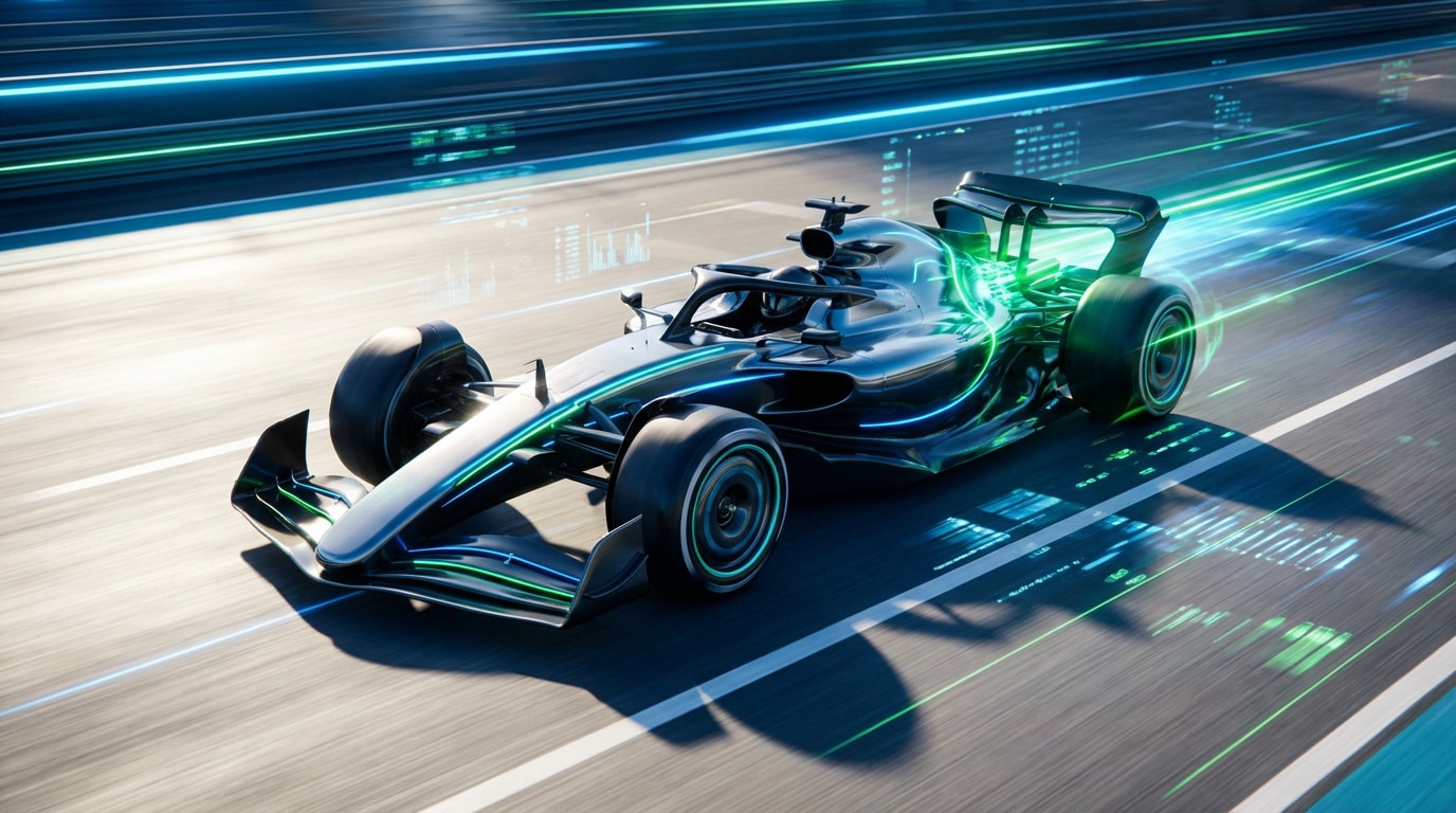 Voiture F1 noire futuriste avec lignes lumineuses bleues et vertes, symbolisant le système ERS et la transmission de données rapides.