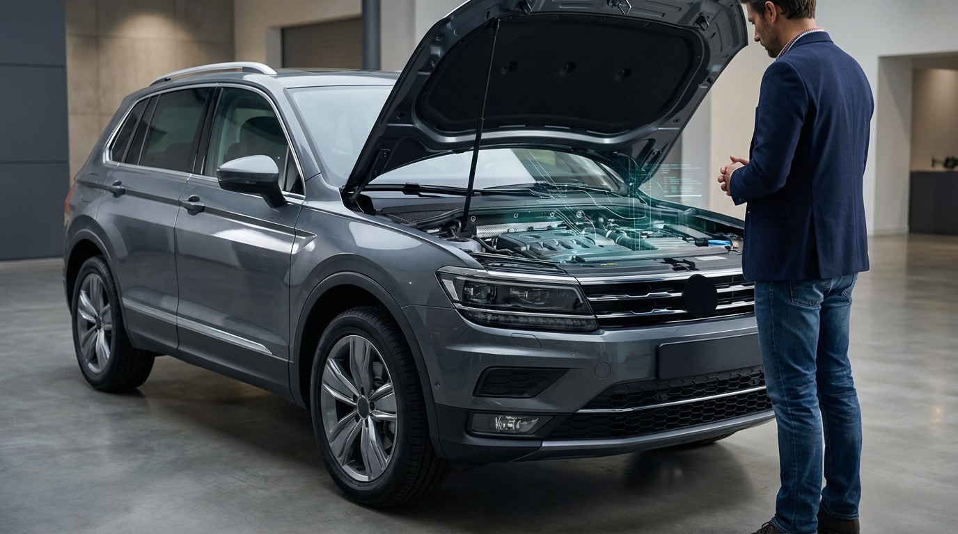 Homme en veste inspectant le moteur ouvert d'un VW Tiguan gris. Des données AR s'affichent sur le moteur pour diagnostic.