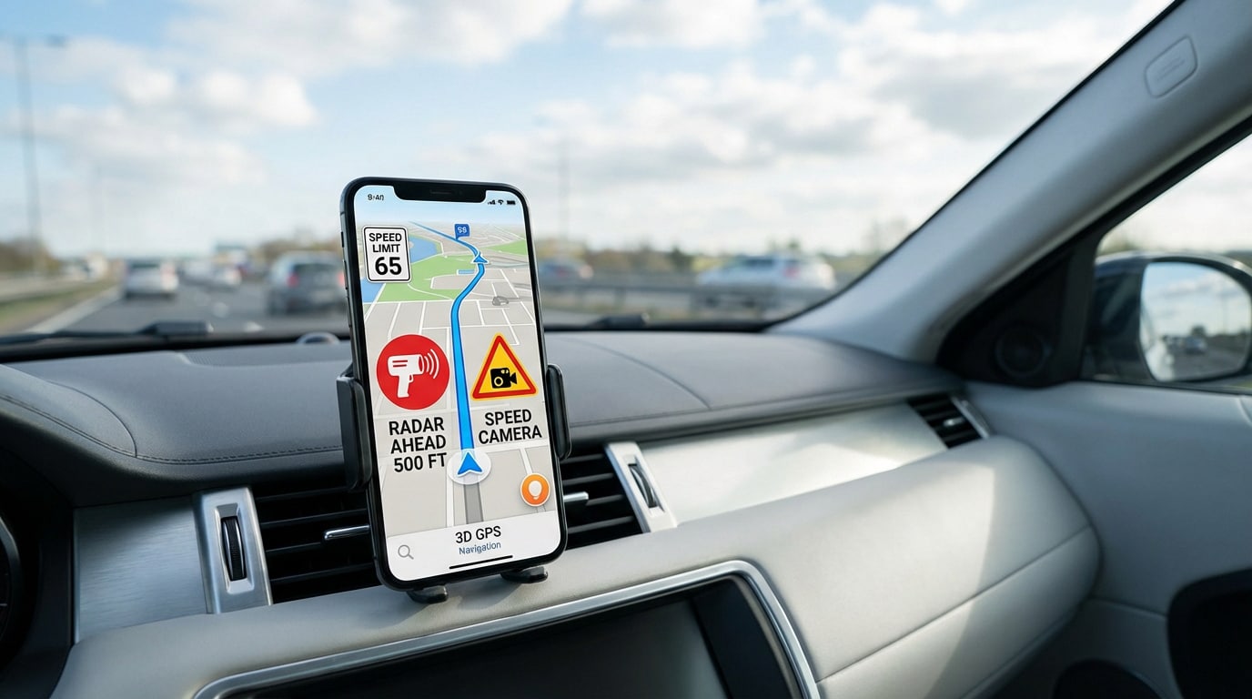 Smartphone en support sur tableau de bord d'une voiture, affichant une application de navigation GPS avec alertes radar et caméra de vitesse.