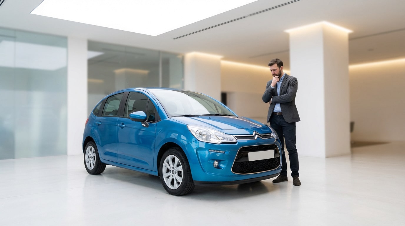 Un homme pensif en veste observe une Citroën C3 bleue dans un showroom épuré, sa main sur le menton.