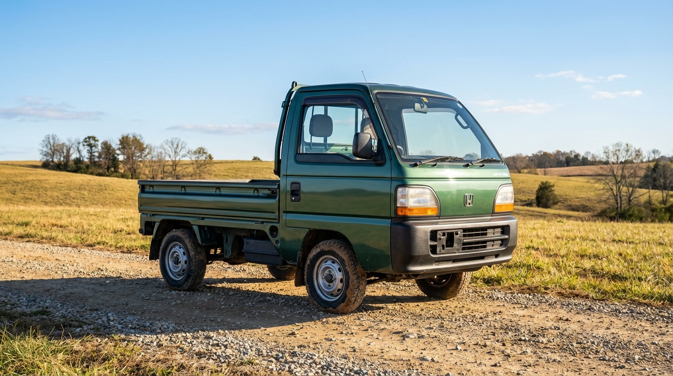 Pickup Honda Acty vert garé sur un chemin de campagne rocailleux. Arrière-plan de collines dorées et arbres sous ciel bleu.