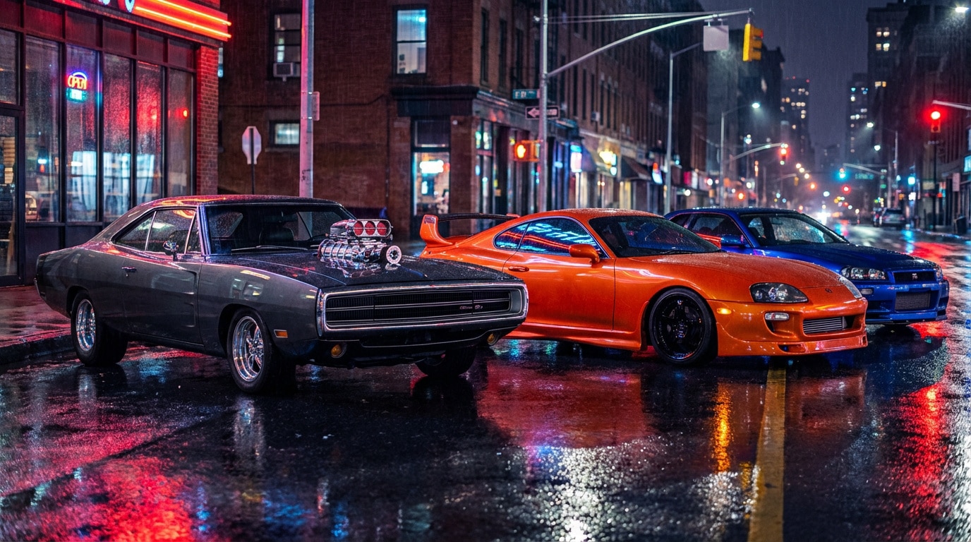 Dodge Charger, Toyota Supra orange et Nissan Skyline bleue, voitures cultes F&F, sur rue mouillée de ville la nuit avec reflets néon.