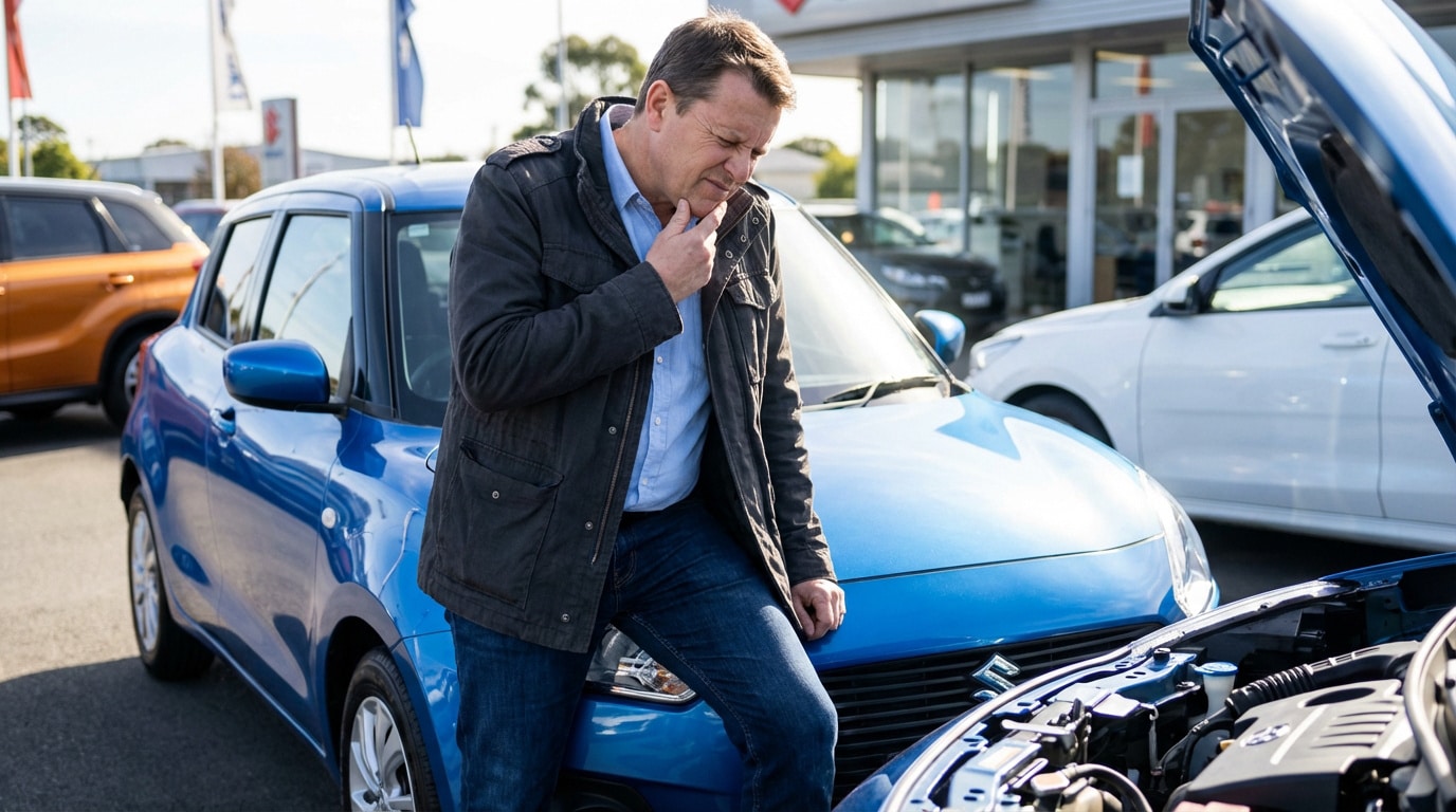 Un homme inspecte le moteur ouvert d'une Suzuki Swift bleue dans un garage automobile, l'air pensif et préoccupé.