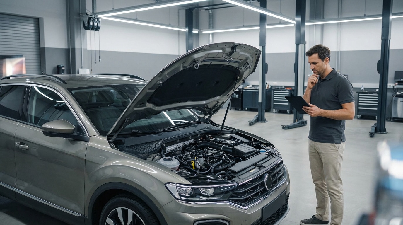Homme en polo gris examine un moteur de SUV ouvert dans un garage moderne, consultant une tablette pour diagnostic.