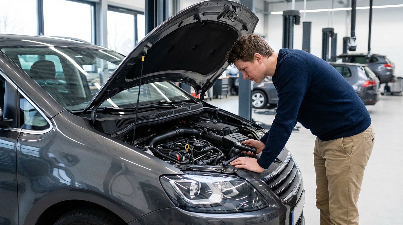 Un homme vérifie le moteur ouvert d'un monospace gris (VW Touran) dans un garage, un outil de diagnostic en main.